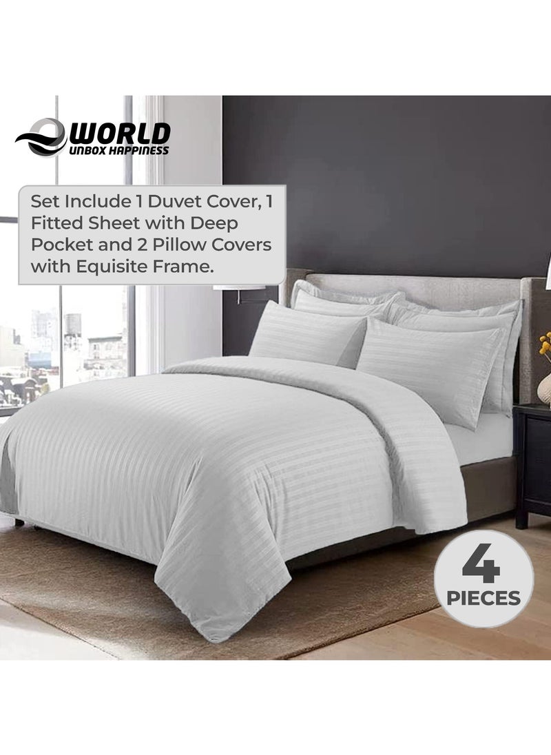 Eworld - 4-Piece Luxury King Size White Striped Bedding Set Includes 1 Duvet Cover (220x240cm), 1 Fitted Bed Sheet (200x200+30cm), and 2 Pillow Cases (48x74+5cm) for Ultimate Hotel-Inspired Sophistication - Image 1