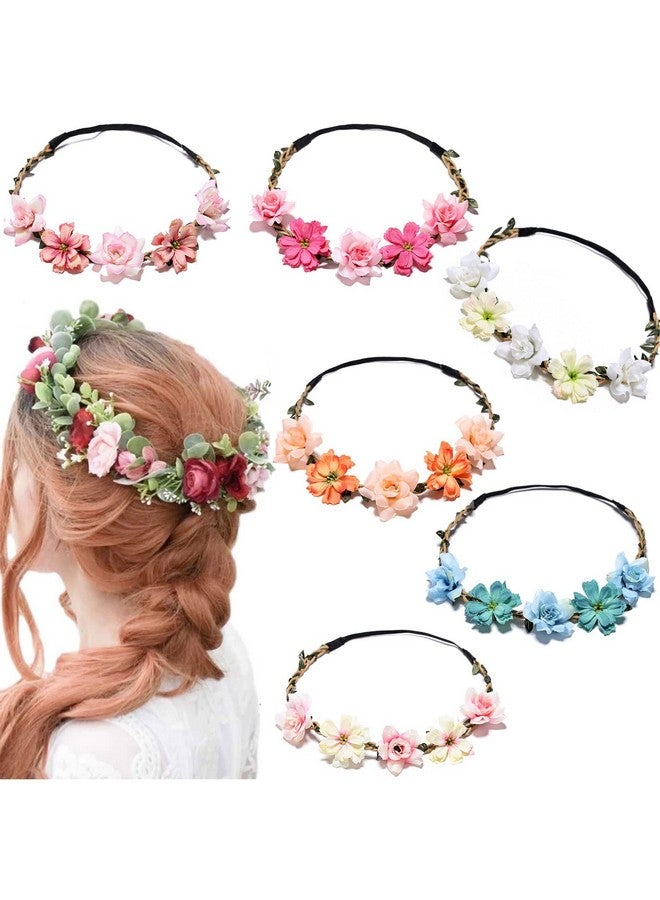 AUOCATTAIL 6 Pcs Girl Boho Flower Headband Hair Rose Gesang Wreath Floral Crown Fairy Headpiece Wedding Tour Festival Photos Accessories For Women Kids - Image 1