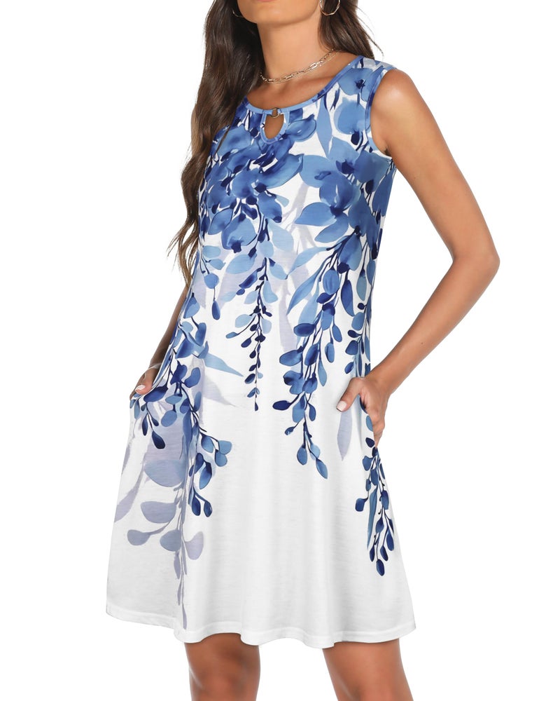 elescat Summer Dresses for Women Casual Sleeveless Sundress Floral Loose Fit Beach Cover Up with Pocket（White Leaves, 2XL - Image 3