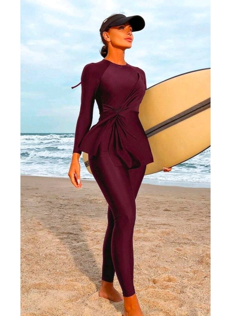 SHEIN-Swim Solid Color Side Waist Twist Long Sleeve Top And Pants Burkini Tankini Set For Beach Vacation Summer (Red Violet) - Image 1