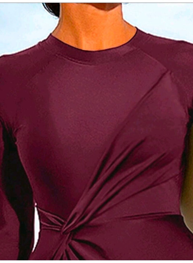 SHEIN-Swim Solid Color Side Waist Twist Long Sleeve Top And Pants Burkini Tankini Set For Beach Vacation Summer (Red Violet) - Image 4
