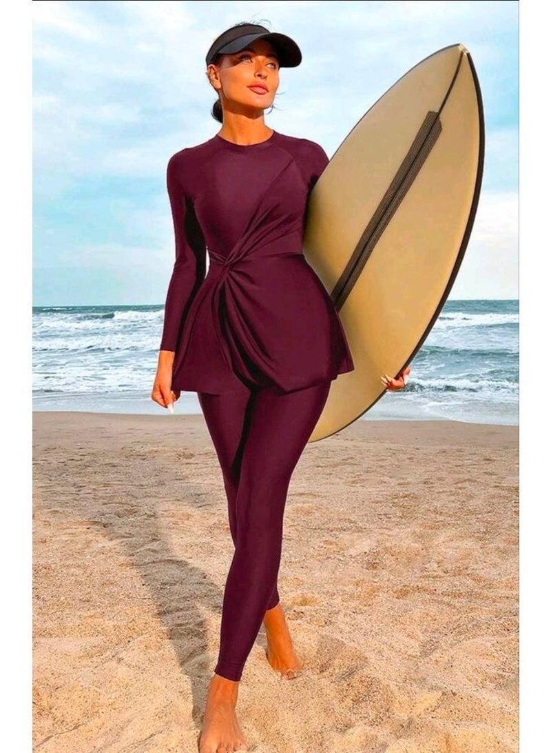SHEIN-Swim Solid Color Side Waist Twist Long Sleeve Top And Pants Burkini Tankini Set For Beach Vacation Summer (Red Violet) - Image 3