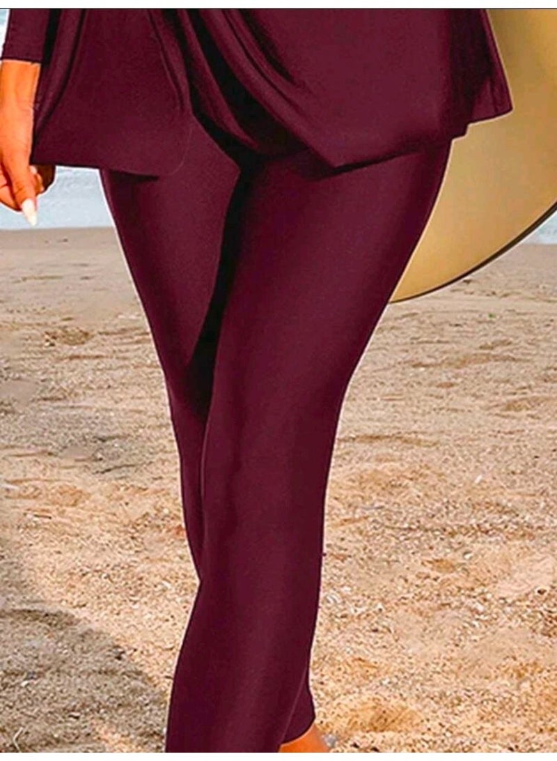 SHEIN-Swim Solid Color Side Waist Twist Long Sleeve Top And Pants Burkini Tankini Set For Beach Vacation Summer (Red Violet) - Image 5