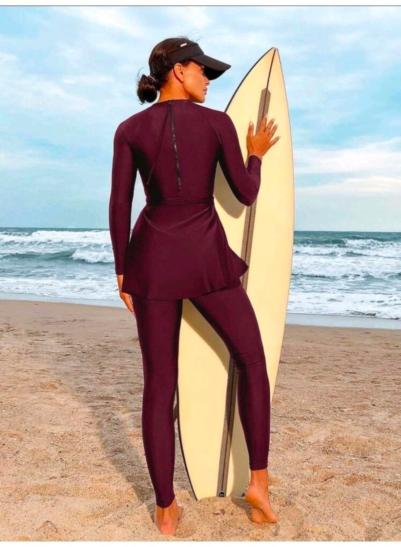 SHEIN-Swim Solid Color Side Waist Twist Long Sleeve Top And Pants Burkini Tankini Set For Beach Vacation Summer (Red Violet) - Image 2