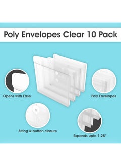 1InTheOffice Poly Envelopes Button & String Closure Expanding Wallet Letter Size Clear 10/Pack  - Image 3