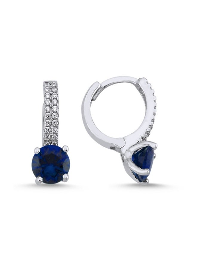EMNON 925 Sterling Silver Jewelry Rhodium Plated Solitaire Sapphire-Navy Blue CZ Huggie Hoop Earrings 100% Precious Metal Gift for Women- Emnon37EA  - Image 1
