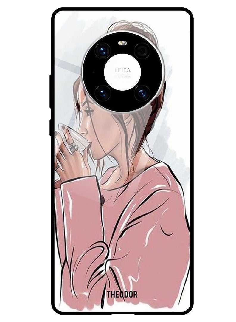 Theodor Protective Tempered Glass Case Cover HUAWEI MATE 40 5G  Girl Drinking Coffee 1 - Image 1