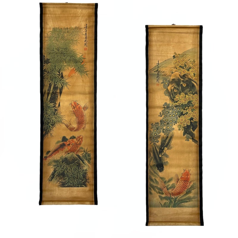 CIFIBIFUN 4PCS/Set Wall Scroll Hanging Painting Decor Japanese Koi Fish Flower Fengshui, Ancient Paintings Replica Asia Traditional Art, Attract Wealth Four Seasons - Image 4