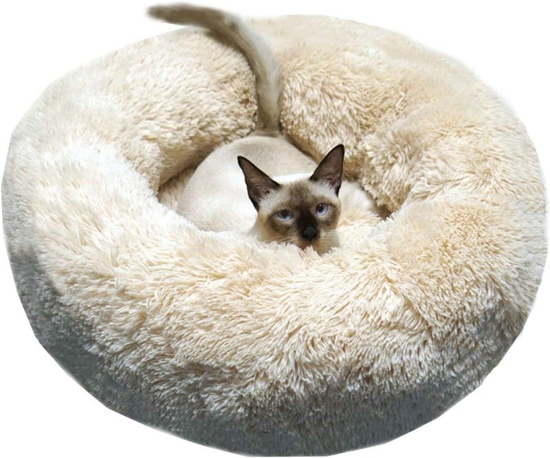 Modern Soft Plush Round Pet Bed for Cats or Small Dogs, Mini Medium Sized Dog Cat Bed Self Warming Autumn Winter Indoor Snooze Sleeping Cozy Kitty Teddy Kennel (M(23.6”Dx7.9 H), Champagne) - Image 1
