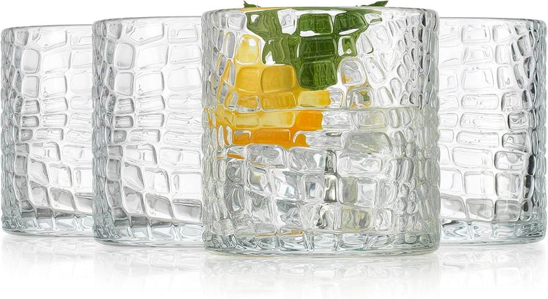 Glaver's DOF Set of 4 Clear 13oz Drinking Glasses Crackle Textured Design Double Old Fashioned Whiskey Glasses Home Everyday Bar Glassware - Image 3