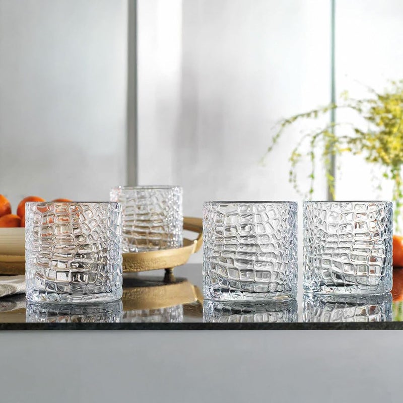 Glaver's DOF Set of 4 Clear 13oz Drinking Glasses Crackle Textured Design Double Old Fashioned Whiskey Glasses Home Everyday Bar Glassware - Image 2