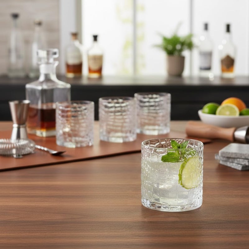 Glaver's DOF Set of 4 Clear 13oz Drinking Glasses Crackle Textured Design Double Old Fashioned Whiskey Glasses Home Everyday Bar Glassware - Image 5
