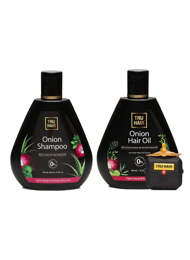 TRU HAIR Onion Hair Oil With Free Heater (110 Ml) + Onion Shampoo (200 Ml) For Dandruff Hair Fall & Premature Greying Paraben Free Silicone Free & Llp Free  - Image 1