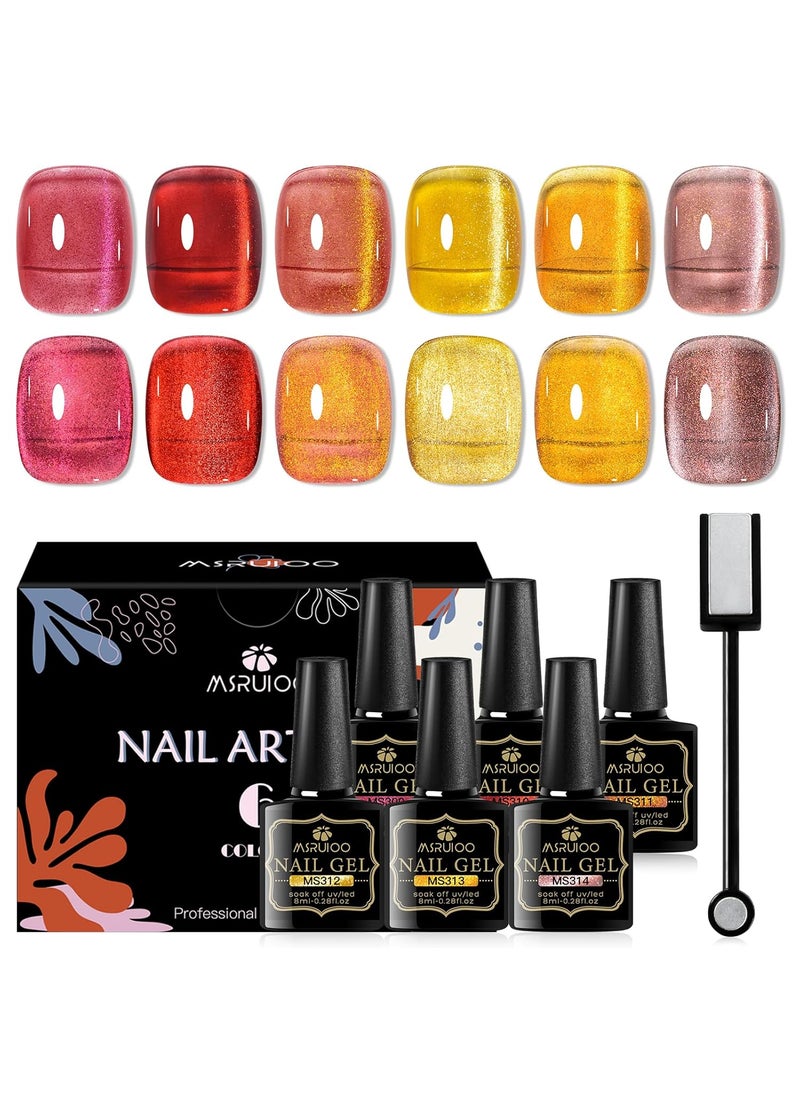 MSRUIOO Jelly Glass Cat Eye Gel Nail Polish Set Brown Amber Coral Glitter Gold Gel Polish with Magnet Shimmer Translucent Sheer Yellow Red Magnetic Nail Polish Salon DIY at Home 