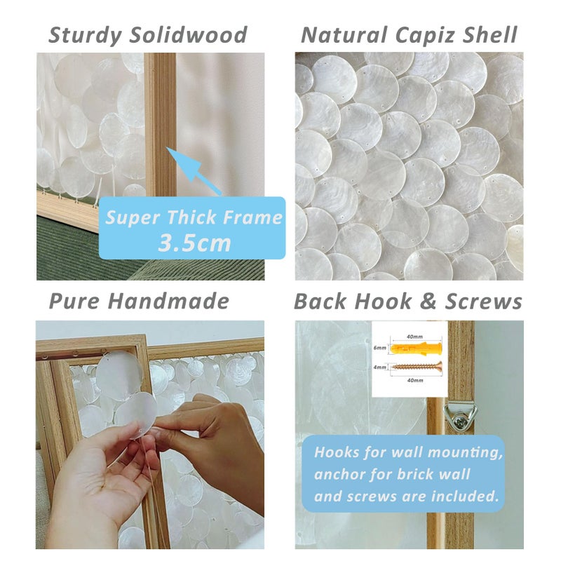 Bergamot Large Handmade 24"x32" Capiz Shell Wooden Framed Wall Art, Coastal Wall Art DÃ©cor, Minimalist White Sea Shell Wall Decor for Living Room, Bedroom, Office - Image 4