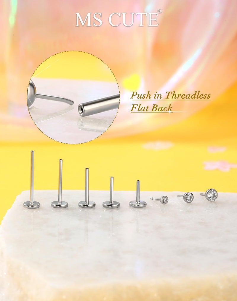 MS CUTE 2Pcs 20G Nose Studs Flat Back Silver Helix Tragus Piercing Jewelry Threadless Dainty 2MM CZ 316L Stainless Steel Nose Studs for Women Men-6MM - Image 5