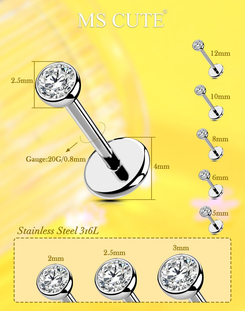 MS CUTE 2Pcs 20G Nose Studs Flat Back Silver Helix Tragus Piercing Jewelry Threadless Dainty 2MM CZ 316L Stainless Steel Nose Studs for Women Men-6MM - Image 2