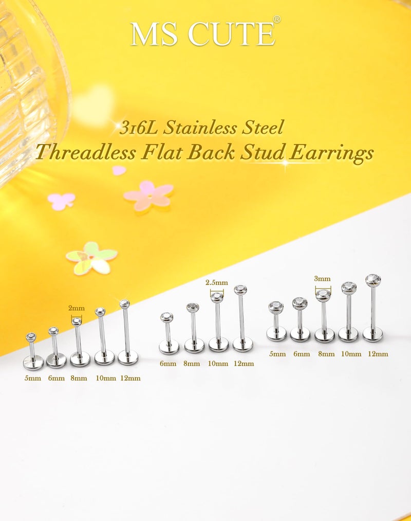 MS CUTE 2Pcs 20G Nose Studs Flat Back Silver Helix Tragus Piercing Jewelry Threadless Dainty 2MM CZ 316L Stainless Steel Nose Studs for Women Men-6MM - Image 3