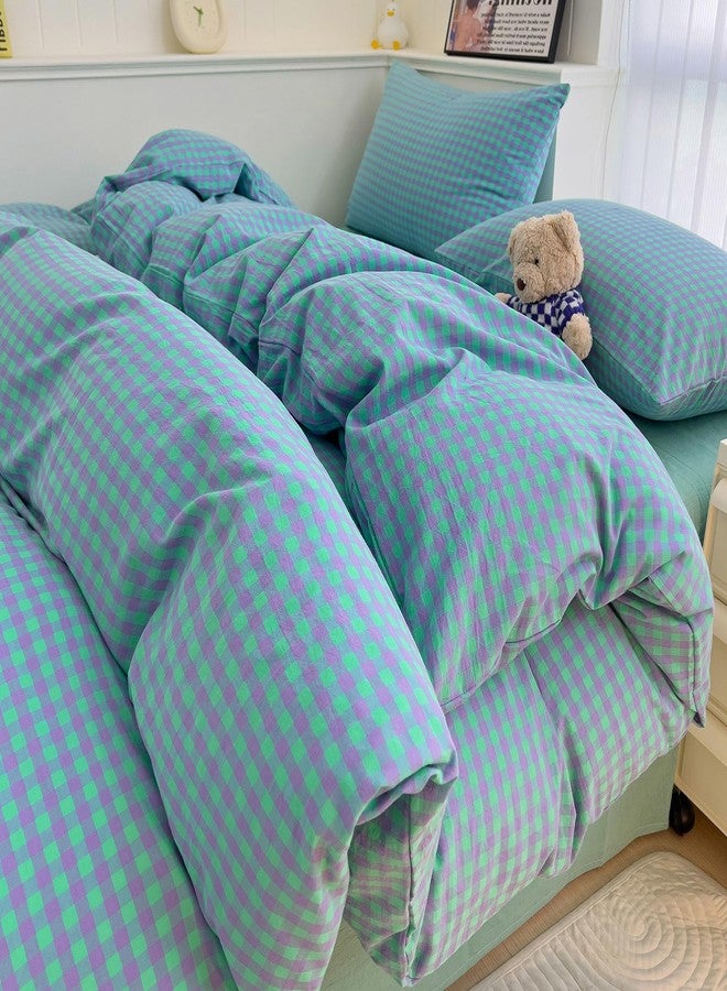 LifeTB Queen Comforter Set Green Gingham Bedding Comforter 3 Pieces Checkered Pattern Comforter Set Green Purple Plaid Grid Bed Comforter with 2 Pillowcases Fluffy Soft Gingham Bedding Set Queen Size - Image 1