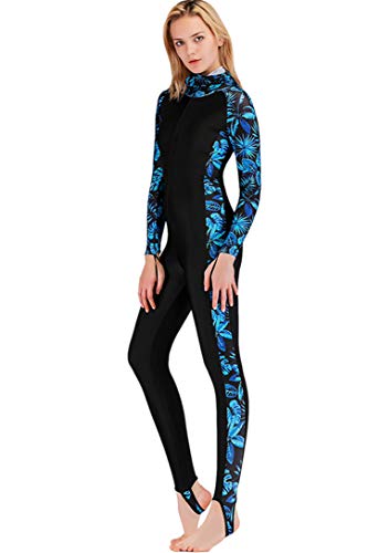 Micosuza Women's Long Sleeve One Piece Swimwear Sun Protection Full Skin Suit with Hood Blue Leaves - Image 2