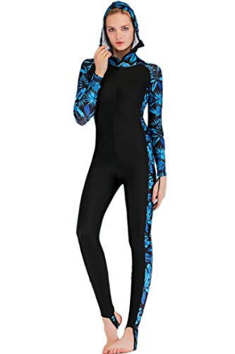Micosuza Women's Long Sleeve One Piece Swimwear Sun Protection Full Skin Suit with Hood Blue Leaves - Image 3