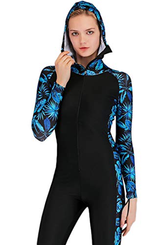 Micosuza Women's Long Sleeve One Piece Swimwear Sun Protection Full Skin Suit with Hood Blue Leaves - Image 4