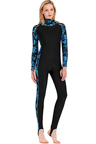 Micosuza Women's Long Sleeve One Piece Swimwear Sun Protection Full Skin Suit with Hood Blue Leaves - Image 5