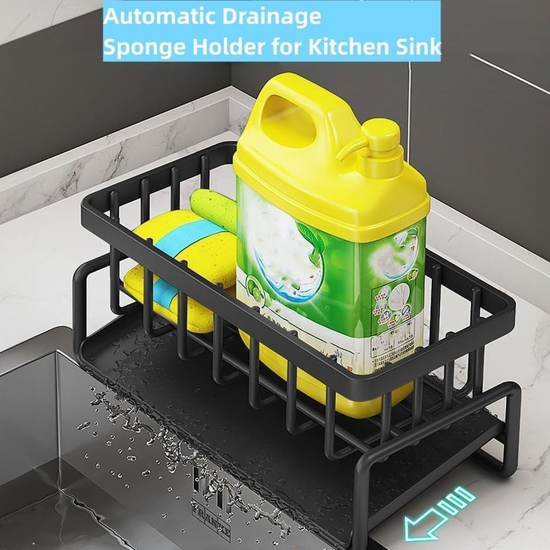 BELOXY Metal Sponge Holder for Kitchen Sink – Auto-Draining Sink Organizer Caddy with Soap Tray, Dish Brush & Towel-Bar Holder, Kitchen Storage Rack (MATTE BLACK) - Image 5