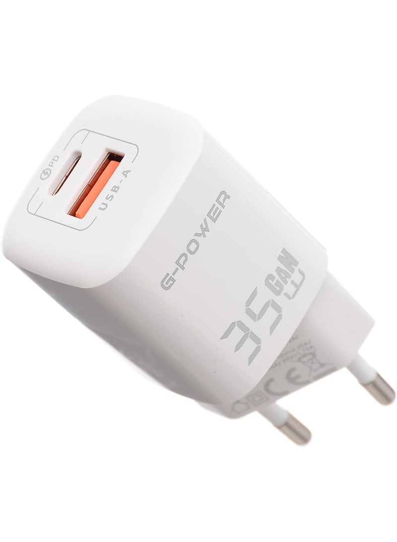 جي باور شاحن G-Power GP-C3 بقوة 35 واط، مزود بمنفذي USB-A وUSB-C، يدعم تقنية الشحن السريع Qualcomm Quick Charge 3.0، متوافق مع أجهزة iPhone 14/14 Plus/14 Pro/14 Pro Max/13، وGalaxy، وPixel 4/3، وiPad - أبيض - Image 1
