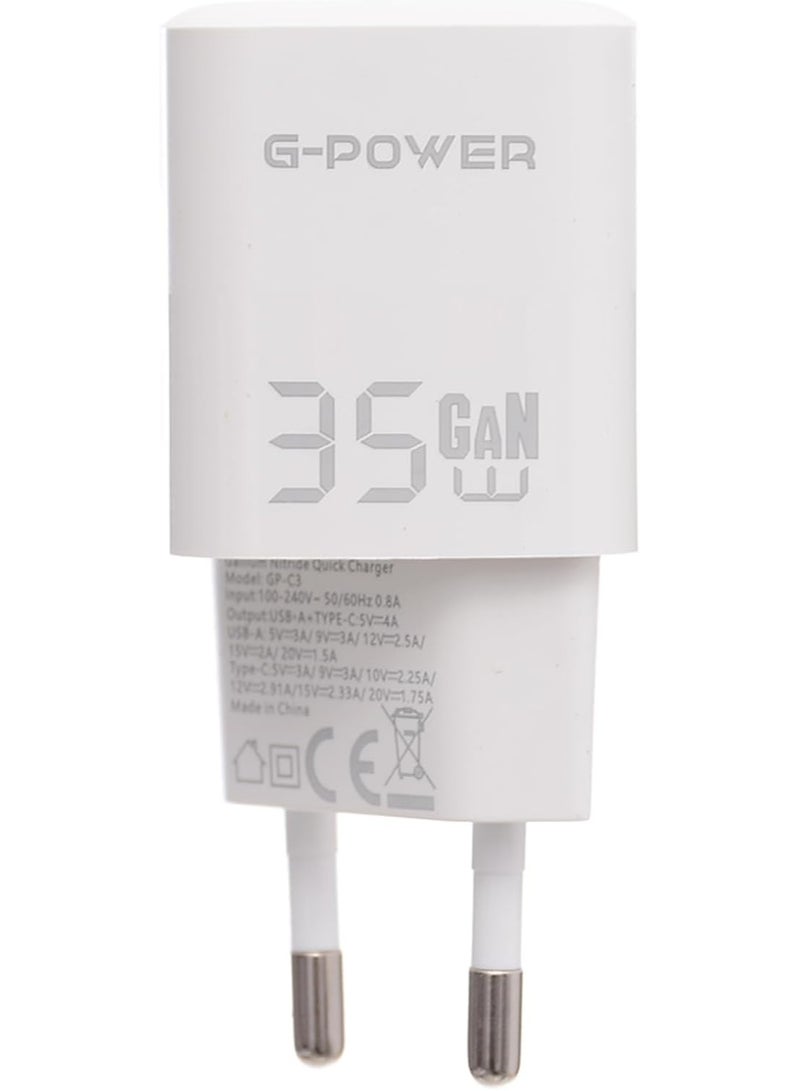 جي باور شاحن G-Power GP-C3 بقوة 35 واط، مزود بمنفذي USB-A وUSB-C، يدعم تقنية الشحن السريع Qualcomm Quick Charge 3.0، متوافق مع أجهزة iPhone 14/14 Plus/14 Pro/14 Pro Max/13، وGalaxy، وPixel 4/3، وiPad - أبيض - Image 2