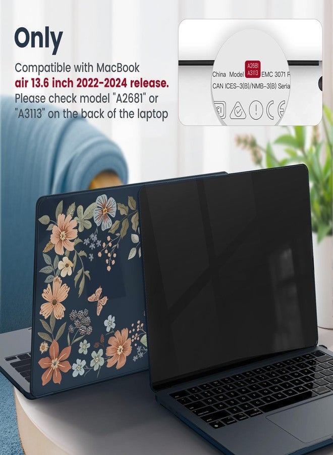 iCasso for MacBook Air 13 inch Case 2025 2024-2022 M3 M2 Model A3113 A2681，[Ultra Thin Armor][100% Match Midnight], Air 13.6'' Flower Crystal Clear Hard Shell Protective Cover+Keyboard Skin, Midnight - Image 2