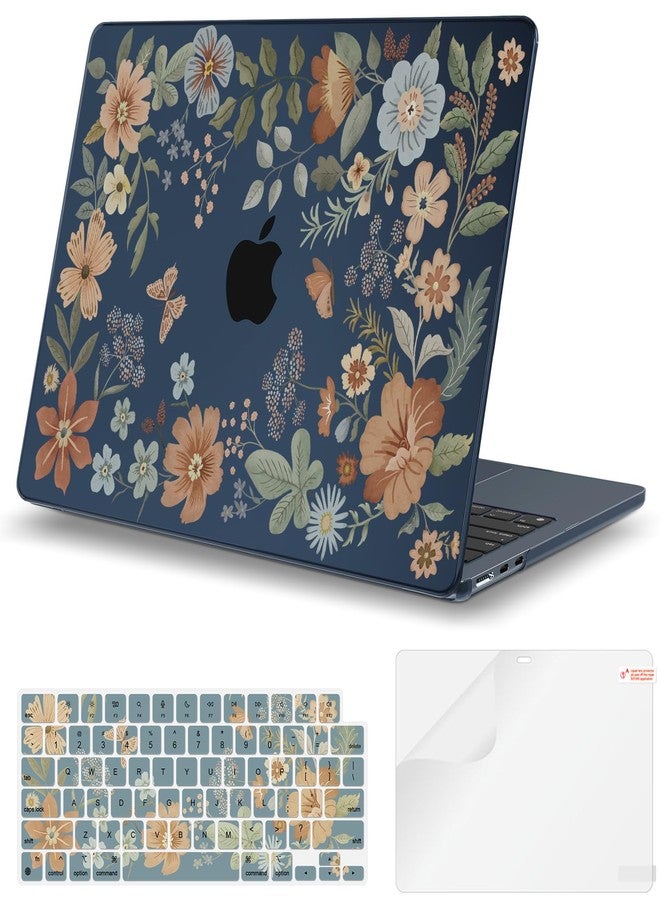 iCasso for MacBook Air 13 inch Case 2025 2024-2022 M3 M2 Model A3113 A2681，[Ultra Thin Armor][100% Match Midnight], Air 13.6'' Flower Crystal Clear Hard Shell Protective Cover+Keyboard Skin, Midnight - Image 1