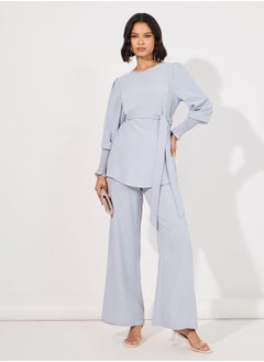 Styli Solid Cuff Sleeves Longline Top & Wide Leg Pants Modest Set  - Image 1