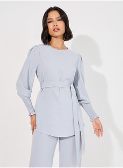 Styli Solid Cuff Sleeves Longline Top & Wide Leg Pants Modest Set  - Image 2