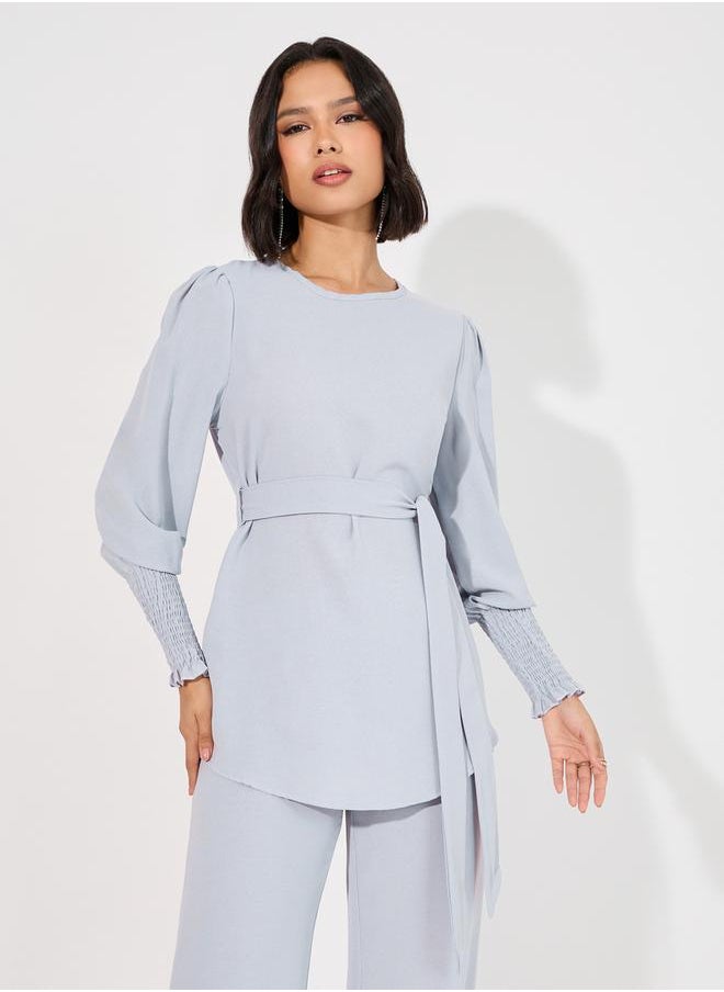 Styli Solid Cuff Sleeves Longline Top & Wide Leg Pants Modest Set  - Image 2