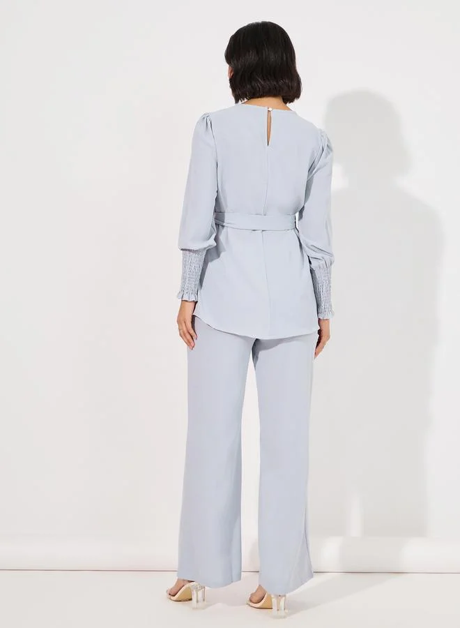 Styli Solid Cuff Sleeves Longline Top & Wide Leg Pants Modest Set
