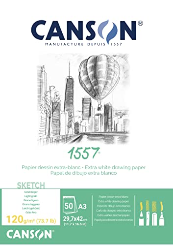 CANSON ورق رسم كانسون 1557 أبيض إضافي 120 جرام A3، حبيبات خفيفة، 50 ورقة، مثالي للفنانين المحترفين والرسامين - Image 1