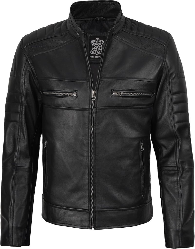 fjackets Cafe Racer Leather Jacket for Men - Austin Black Motorcycle Jacket - Image 3