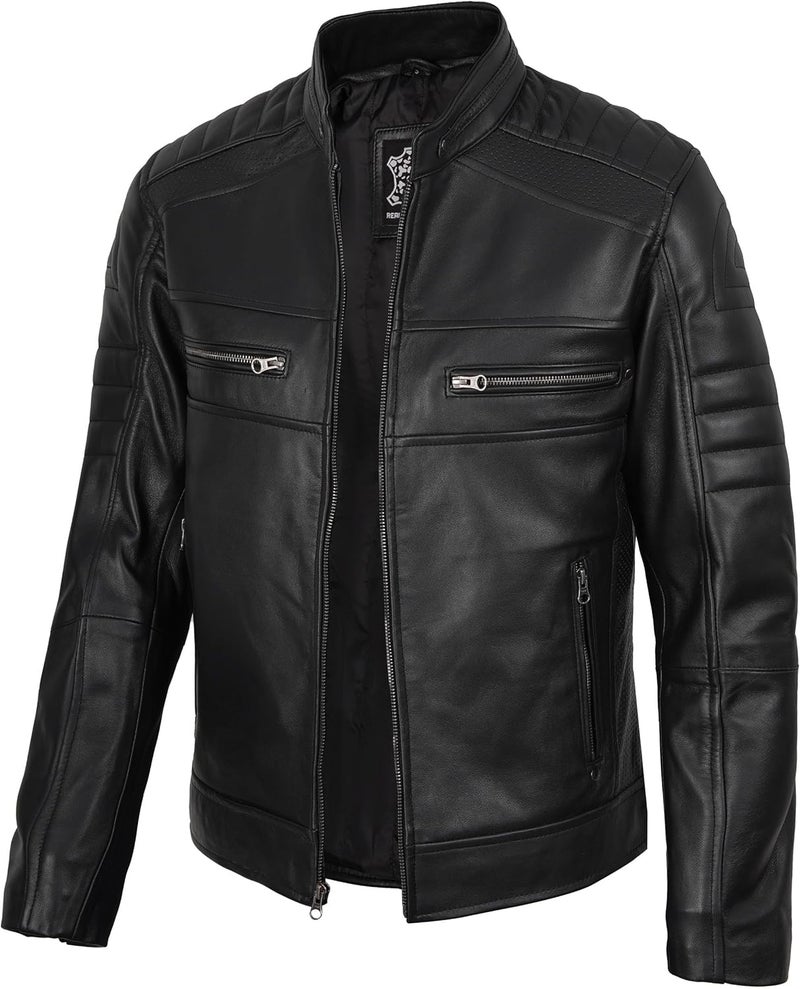 fjackets Cafe Racer Leather Jacket for Men - Austin Black Motorcycle Jacket - Image 1
