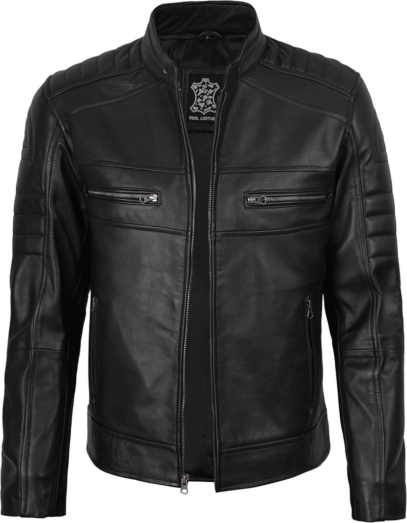 fjackets Cafe Racer Leather Jacket for Men - Austin Black Motorcycle Jacket - Image 2