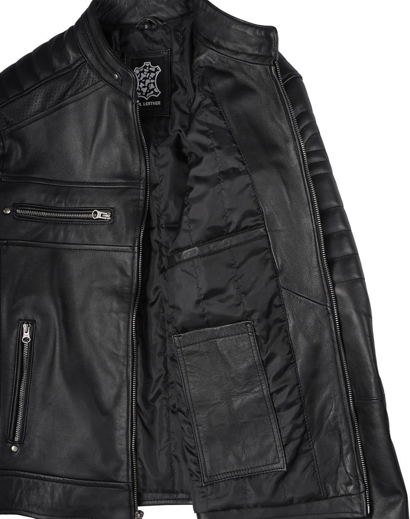 fjackets Cafe Racer Leather Jacket for Men - Austin Black Motorcycle Jacket - Image 5