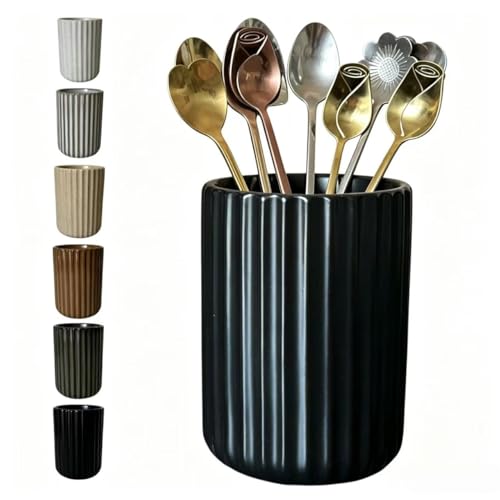 TOPYOKK Stoneware Coffee Bar Utensil Holder Tea & Coffee Spoon & Stirrer Holder for Stir Stick Straw Teaspoon Holder Spoon Cup Small Utensil Jar Fluted Vertical Stripe (Matte Black) - Image 1