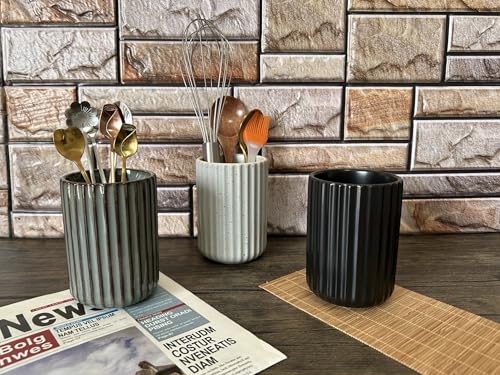 TOPYOKK Stoneware Coffee Bar Utensil Holder Tea & Coffee Spoon & Stirrer Holder for Stir Stick Straw Teaspoon Holder Spoon Cup Small Utensil Jar Fluted Vertical Stripe (Matte Black) - Image 3