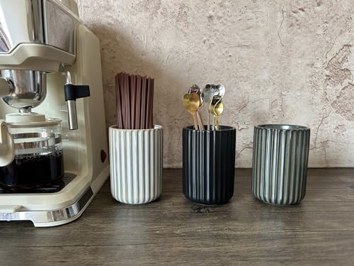 TOPYOKK Stoneware Coffee Bar Utensil Holder Tea & Coffee Spoon & Stirrer Holder for Stir Stick Straw Teaspoon Holder Spoon Cup Small Utensil Jar Fluted Vertical Stripe (Matte Black) - Image 2