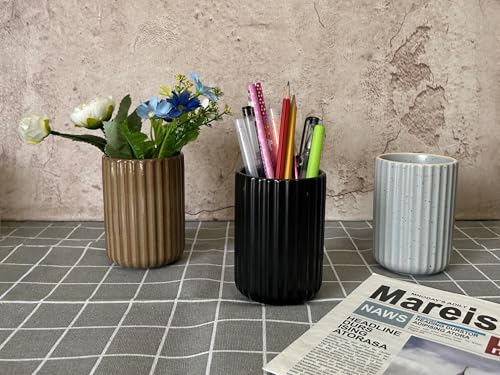 TOPYOKK Stoneware Coffee Bar Utensil Holder Tea & Coffee Spoon & Stirrer Holder for Stir Stick Straw Teaspoon Holder Spoon Cup Small Utensil Jar Fluted Vertical Stripe (Matte Black) - Image 4