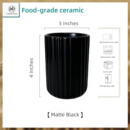 TOPYOKK Stoneware Coffee Bar Utensil Holder Tea & Coffee Spoon & Stirrer Holder for Stir Stick Straw Teaspoon Holder Spoon Cup Small Utensil Jar Fluted Vertical Stripe (Matte Black) - Image 5