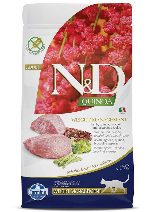 Farmina - FARMINA N&D Quinoa Weight Management Dry Cat Food, Adult, Grain-Free, 1.5-kg, Lamb Broccoli and Asparagus - Image 1