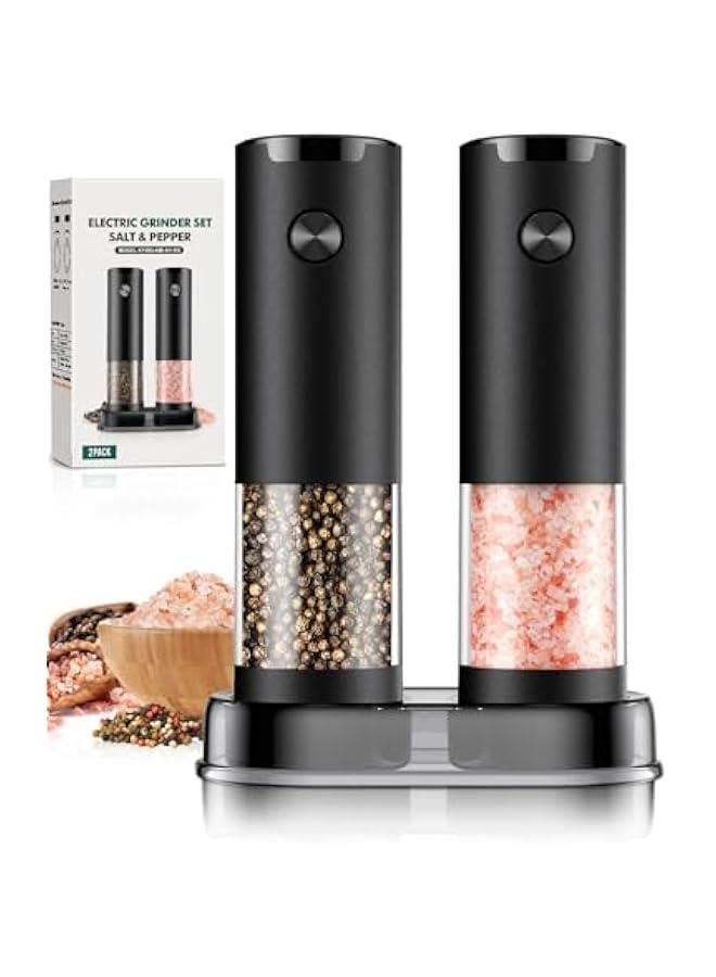 Electric Salt and Pepper Grinder Set Automatic Battery Pepper Mill Shakers Adjustable Coarseness Easy Filling Upgraded Larger Capacity with Led (2 Pack Black/Black）  - Image 1