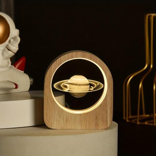 FLYNGO Saturn Crystal Night Lamp, Creative Engraved Night Light for Kids Room, USB Table LED Lamp with Woodern Base, Light for Home Office Decoration Birthday Gift (2D Saturn) - Image 1
