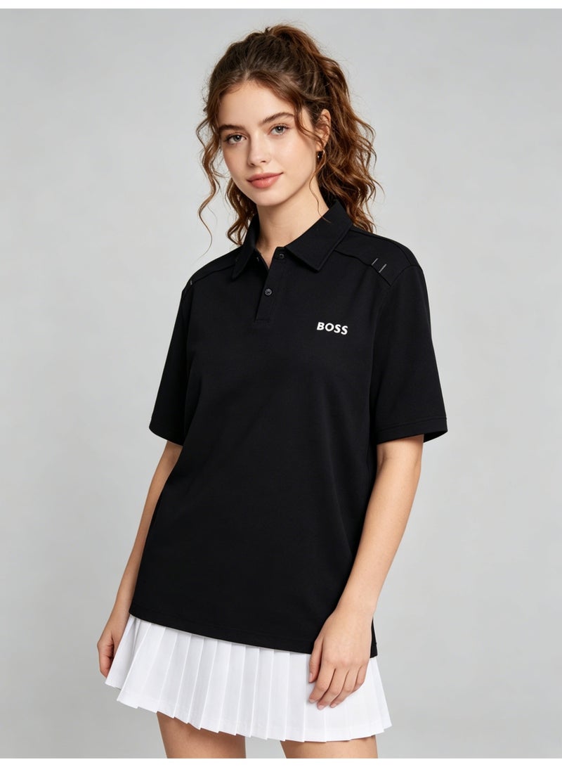 BOSS Unisex Cotton Polo Shirt, Short Sleeve Classic Black, Comfort Fit Daily Wear with Printed Logo - Image 2